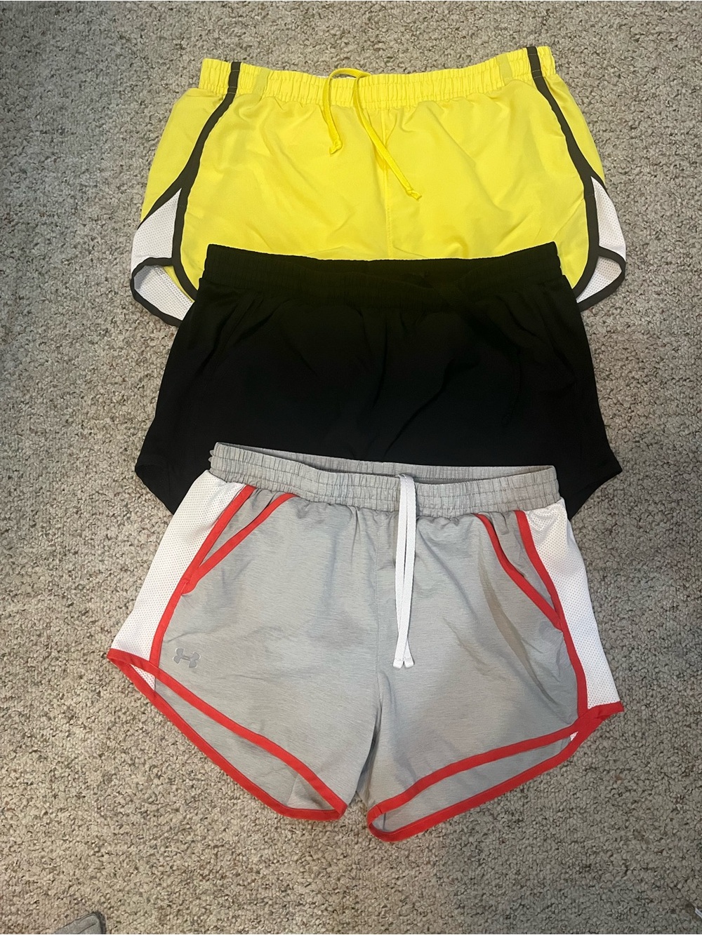 Under Armour Women’s Athletic Shorts Trio — Yellow, Black, Gray with Red Trim